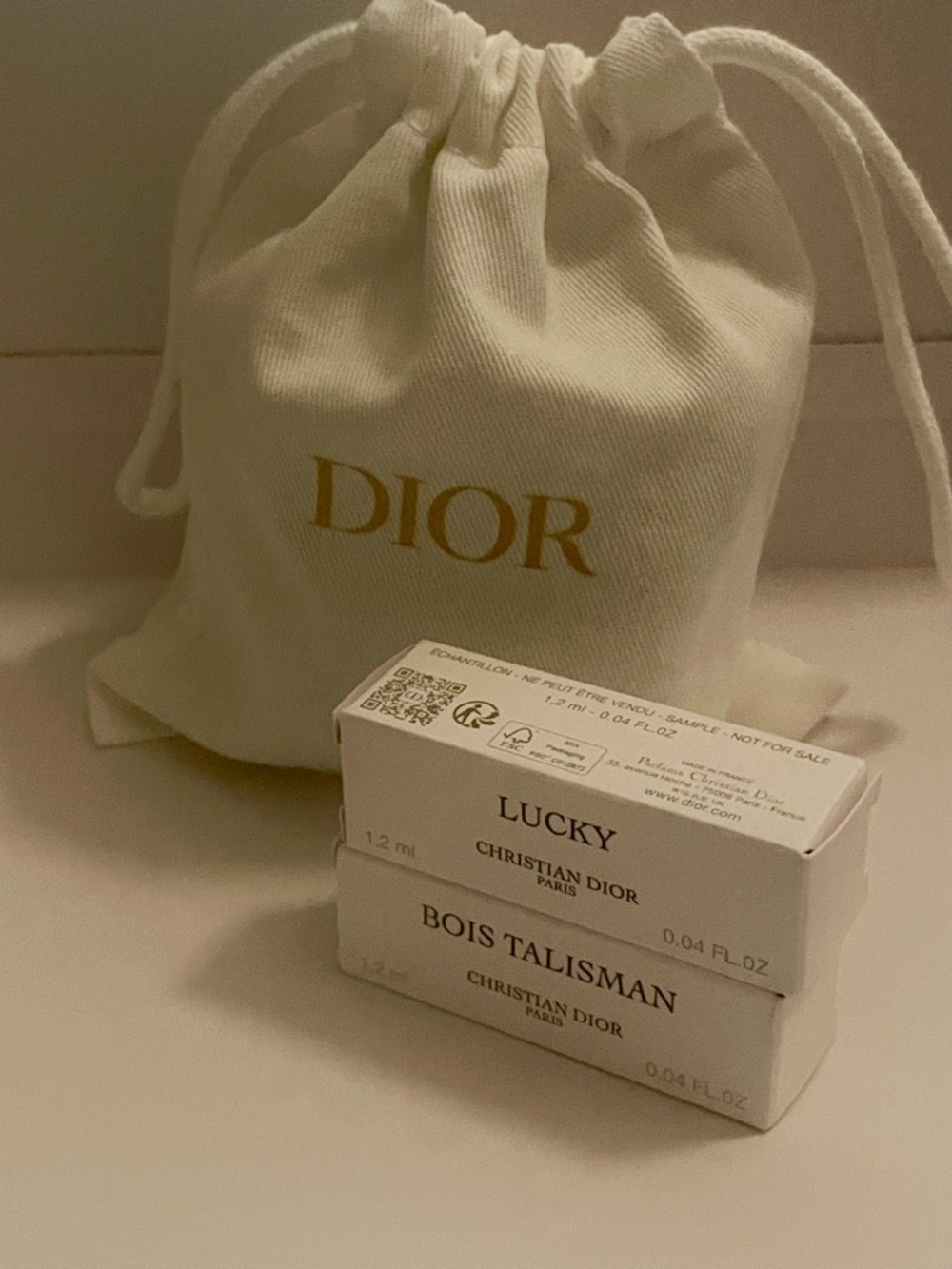 Dior Cream Drawstring Pouch with Sample Boxes